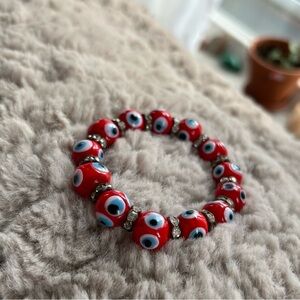 ☀️3/$25 Bling Jewelry Turkish Bead Evil Eye Stretch Bracelet Crystal Spacers Red